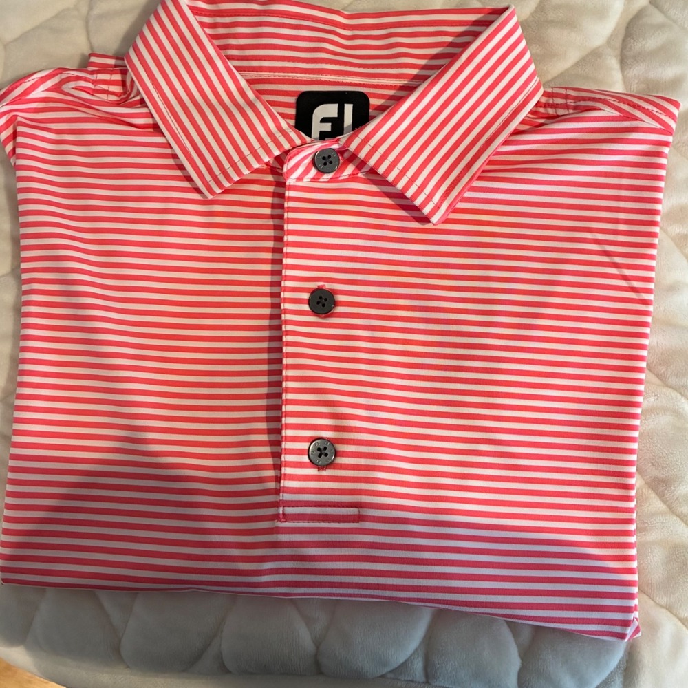 FootJoy Mens Golf‎ Polo Shirt Size L Pink White Striped Short Sleeve Athletic